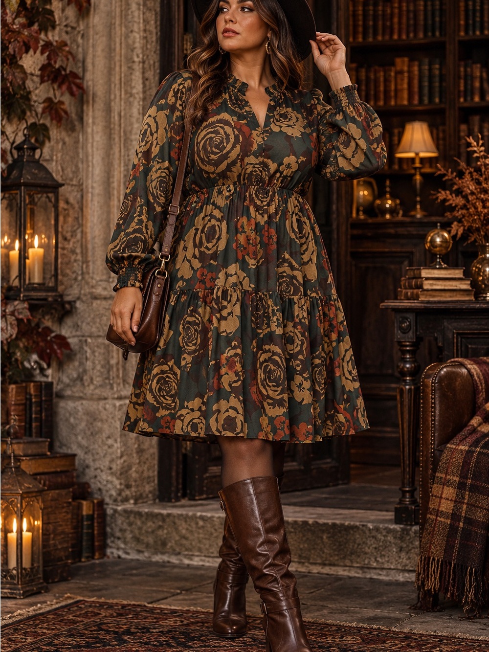 Boho Floral Tiered Long-Sleeve Dress - Olive Multi Dark Acedemia Grunge Autumn